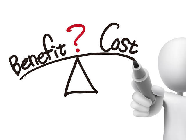 33978829 - balance between benefit and cost written by 3d man over transparent board